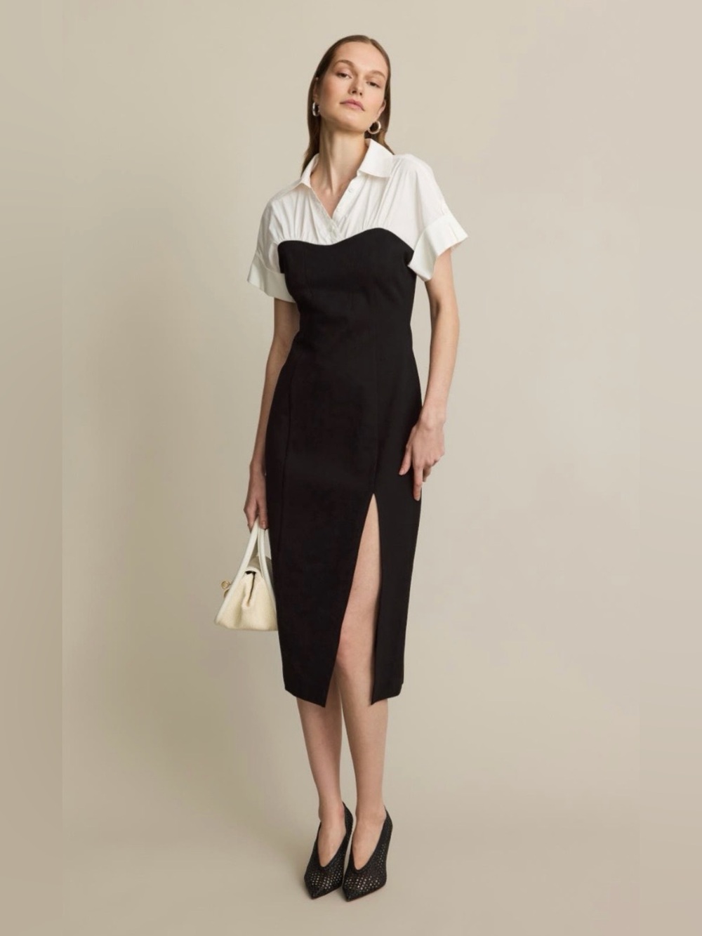 Toccin~Black Collared Midi Dress with White Shirt-Style Bodice~Size 6~$595~